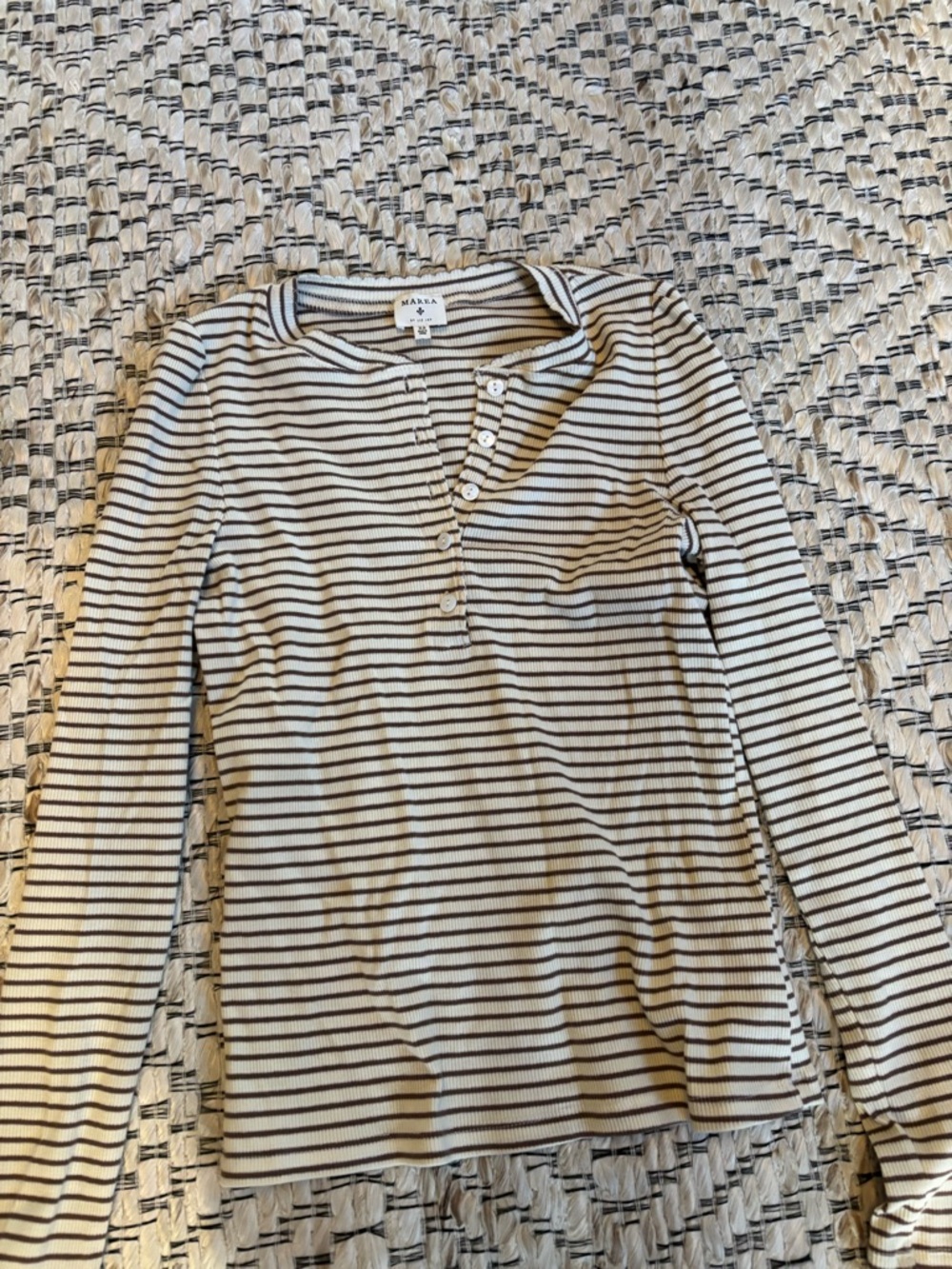 MAREA by Liz Joy Striped Ribbed Henley — Cream & Brown